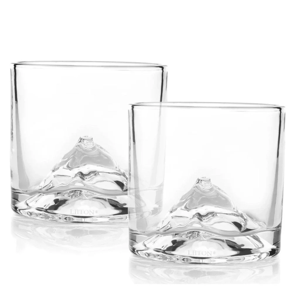 Liiton Mt Fuji Set Of 2 Whiskey Rocks  Glasses Crystal EUC Etched Mountain